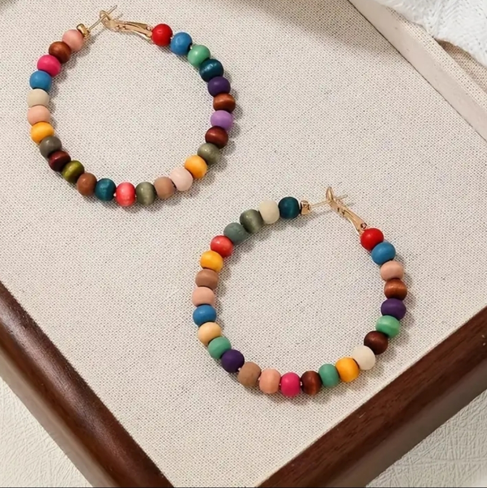 Beaded Boho Wood Tribal Hoop Earrings